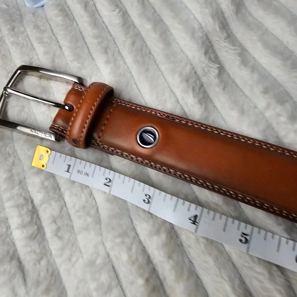 Nautica Mens Coated Leather Stitch Detail Belt 34 Brown Classic Preppy